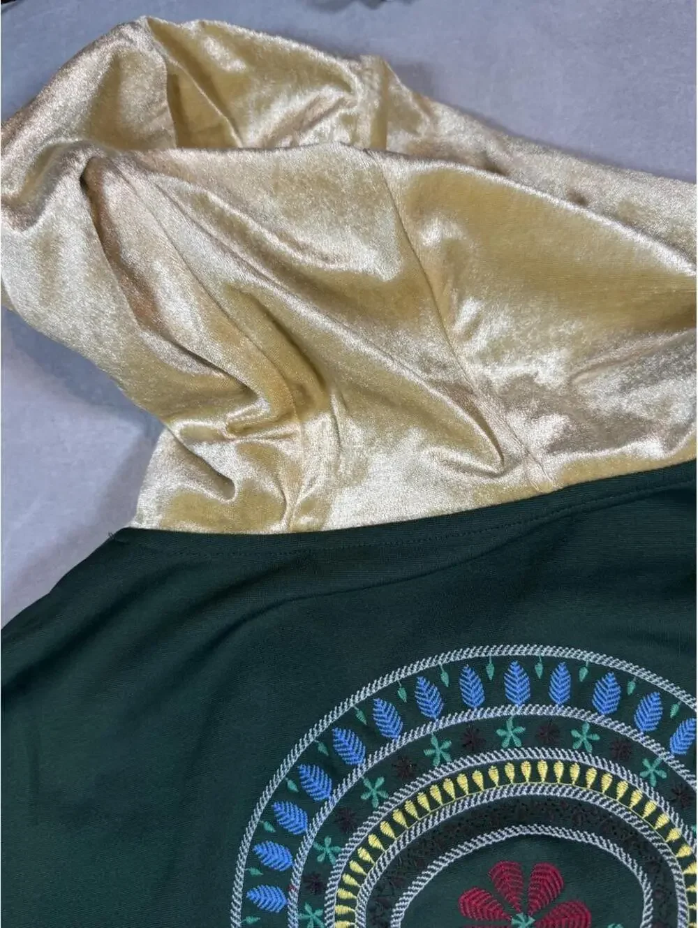 LIEBO Embroidered Boho Tunic Hoodie Gold Velvet Folk Art Longline Pullover